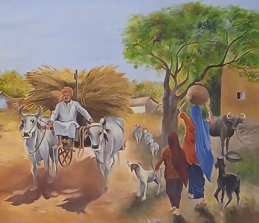 PRIYA ALOK MEHTA VILLAGE SCENE 2005 OIL ON BOARD 81 × 39 INCHES - 4