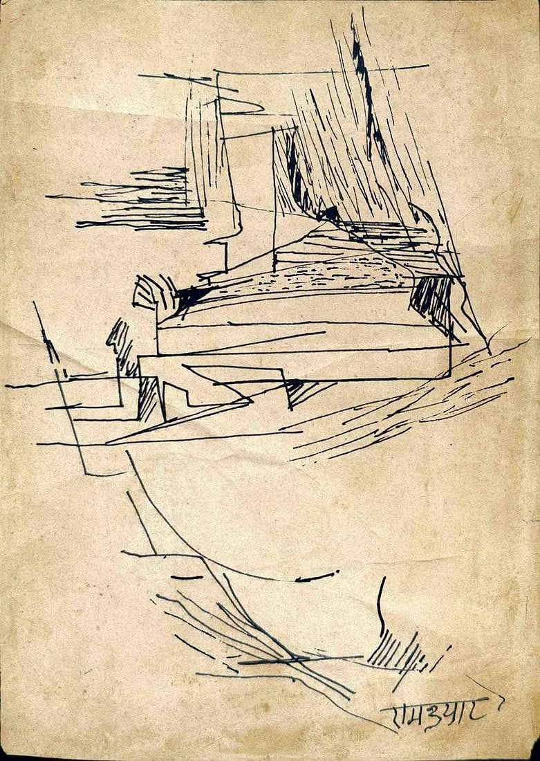 RAMKUMAR (INDIA, 1924–2018) INK ON PAPER UNTITLED (ABSTRACT ARCHITECTURAL COMPOSITION): RAMKUMAR (INDIA, 1924–2018) INK ON PAPER UNTITLED (ABSTRACT ARCHITECTURAL COMPOSITION) THIS EXPRESSIVE DRAWING BY RAMKUMAR PRESENTS AN ABSTRACTED ARCHITECTURAL LANDSCAPE BUILT THROUGH SWEEPING LINES