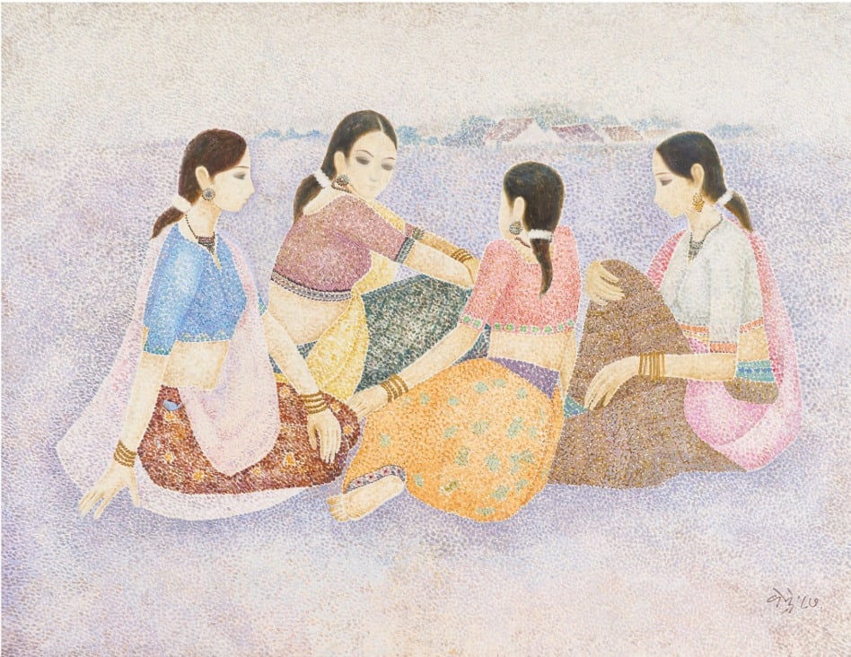 N. S. BENDRE (1910–1992) “FOUR SEATED WOMEN” OIL ON CANVAS SIGNED IN HINDI: N. S. BENDRE (1910–1992)“FOUR SEATED WOMEN”MEDIUM: OIL ON CANVAS SIGNED IN HINDI AN IMPORTANT AND REFINED COMPOSITION BY N. S. BENDRE, ONE OF THE MOST DISTINGUISHED FIGURES OF MODERN