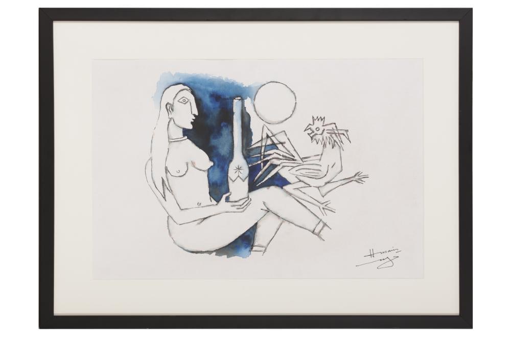 MAQBOOL FIDA HUSAIN (1915–2011) WOMAN WITH BOTTLE AND COCKEREL WATERCOLOUR AND INK ON PAPER: MAQBOOL FIDA HUSAIN (1915–2011) WOMAN WITH BOTTLE AND COCKEREL WATERCOLOUR AND INK ON PAPER 35 × 52.7 CM THIS LIVELY AND EXPRESSIVE COMPOSITION IS A CHARACTERISTIC WORK BY MAQBOOL FIDA HUSAIN, ONE
