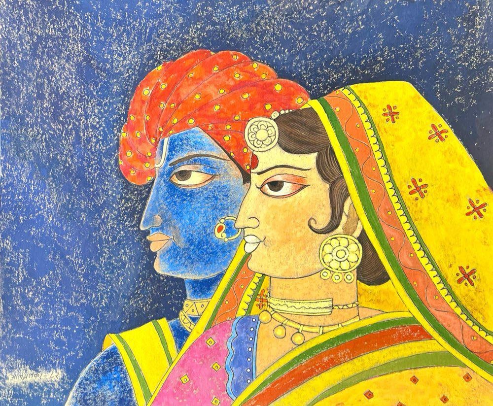 A. A. ALMELKAR (INDIA, 1920–1982) WATERCOLOR ON PAPER UNTITLED (DUAL PORTRAIT COMPOSITION) 1982: A. A. ALMELKAR (INDIA, 1920–1982) WATERCOLOR ON PAPER UNTITLED (DUAL PORTRAIT COMPOSITION) 1982 THIS VIBRANT COMPOSITION BY A. A. ALMELKAR PRESENTS A STYLISED DUAL PORTRAIT THAT DRAWS UPON