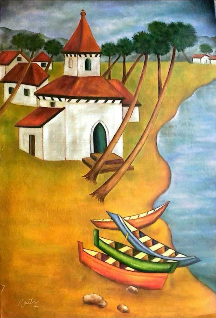RAIBA (1902–2006) CHURCH BY THE RIVERSIDE OIL ON CANVAS MODERN INDIAN ART: RAIBA (1902–2006)CHURCH BY THE RIVERSIDE OIL ON CANVASMODERN INDIAN ART THIS SERENE AND LUMINESCENT PAINTING BY RAIBA DEPICTS A QUIET RIVERSIDE SCENE DOMINATED BY A WHITE CHURCH WITH RED-TILED