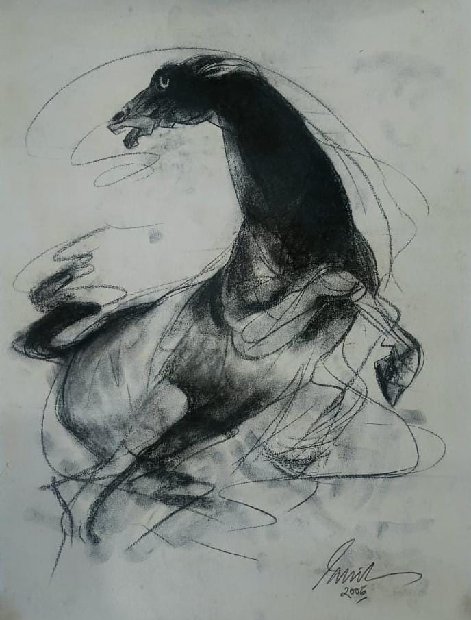 SUNIL DAS (1939–2015) HORSE CHARCOAL ON PAPER 22 X 30 IN SIGNED LOWER RIGHT 2006: SUNIL DAS (1939–2015) HORSE CHARCOAL ON PAPER 22 X 30 IN SIGNED LOWER RIGHT 2006A POWERFUL AND IMMEDIATE RENDERING FROM ONE OF MODERN INDIA’S MOST CELEBRATED ARTISTS, HORSE EXEMPLIFIES SUNIL DAS��