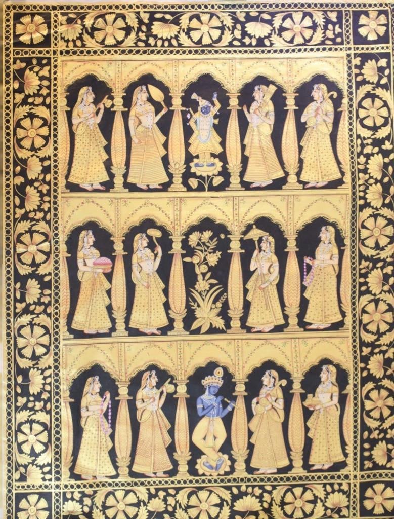 KRISHNA WITH GOPIS IN A PICHWAI-STYLE ARCHITECTURAL PAVILION: KRISHNA WITH GOPIS IN A PICHWAI-STYLE ARCHITECTURAL PAVILIONA DECORATIVE PICHWAI-STYLE PAINTING DEPICTING LORD KRISHNA SURROUNDED BY GOPIS WITHIN AN ORNATE MULTI-ARCHED PAVILION. THE COMPOSITION IS