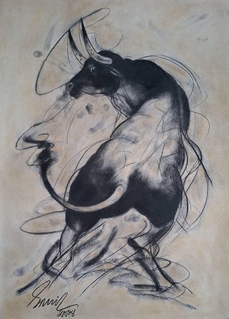 SUNIL DAS (1939–2015) BULL CHARCOAL ON PAPER 22 × 30 INCHES SIGNED LOWER LEFT 2008: SUNIL DAS (1939–2015) BULL CHARCOAL ON PAPER 22 × 30 INCHES SIGNED LOWER LEFT 2008FEW SUBJECTS ARE AS INSEPARABLE FROM SUNIL DAS’S ARTISTIC IDENTITY AS THE BULL. FROM THE 1960S ONWARD, THE ANIMAL