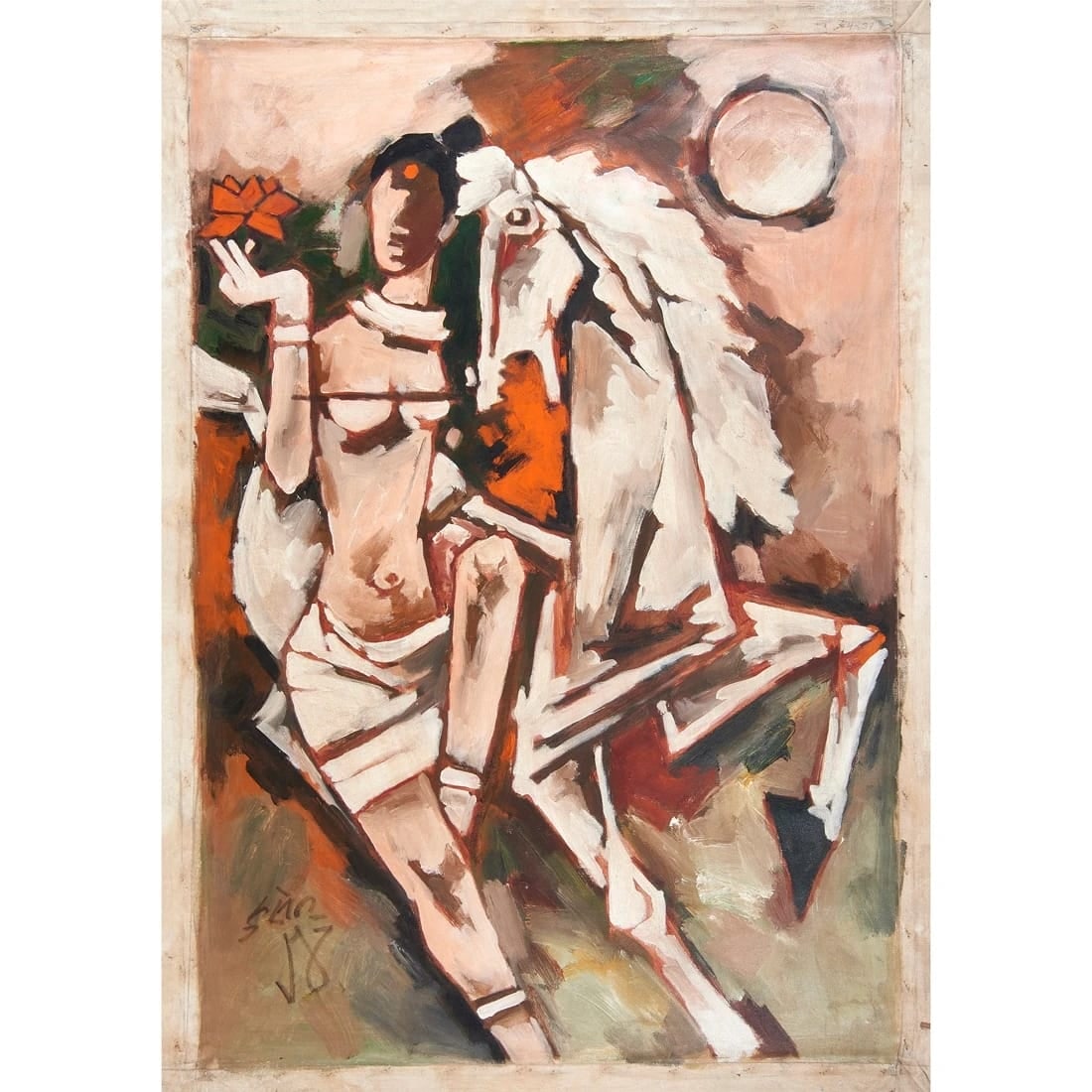 M.F. HUSAIN (1915–2011) l ACRYLIC ON CANVAS l WOMAN WITH HORSE AND LOTUS l 2000: M.F. HUSAIN (1915–2011) l ACRYLIC ON CANVAS l WOMAN WITH HORSE AND LOTUS l 2000 THIS EXPRESSIONISTIC ARTWORK BY M. F. HUSAIN DEPICTS A STYLIZED FEMALE FIGURE SEATED ON A HORSE, HOLDING A LOTUS IN