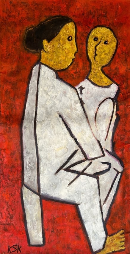 K.S. KULKARNI (INDIA, 1916-1994) "MOTHER AND CHILD" OIL ON CANVAS SIGNED LOWER LEFT: K.S. KULKARNI (INDIA, 1916-1994) "MOTHER AND CHILD" OIL ON CANVAS SIGNED LOWER LEFT THIS STRIKING COMPOSITION BY K.S. KULKARNI EXEMPLIFIES HIS DISTINCTIVE FIGURATIVE STYLE, MARKED BY EXPRESSIVE