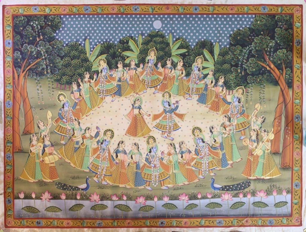 PICHWAI SCHOOL C. 1970S OIL ON THIN CANVAS CLOTH RAS LILA OF LORD KRISHNA WITH GOPIS 47 × 35 IN: PICHWAI SCHOOL C. 1970S OIL ON THIN CANVAS CLOTH RAS LILA OF LORD KRISHNA WITH GOPIS UNDER THE MOONLIT GROVE 47 × 35 INA VIBRANT PICHWAI-STYLE PAINTING DEPICTING THE DIVINE RAS LILA, THE CELESTIAL