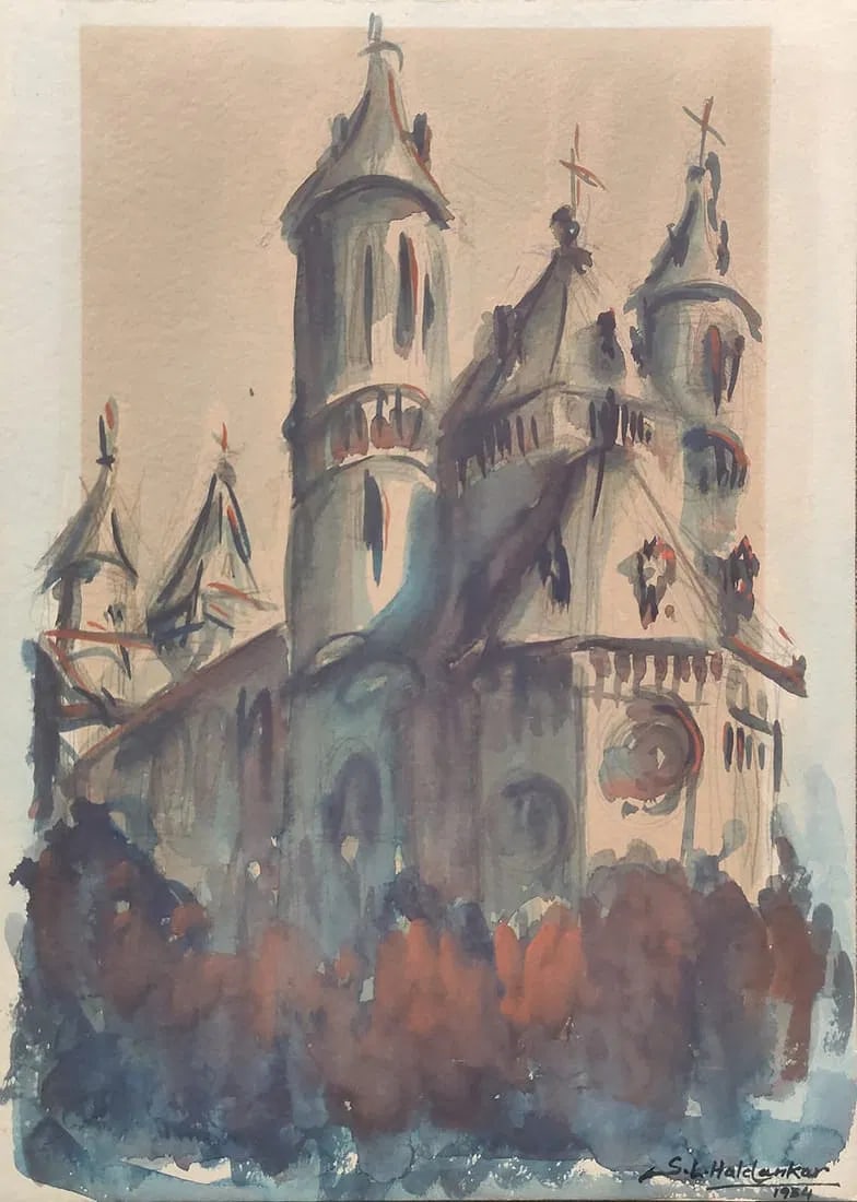 SAWLARAM LAKSHMAN HALDANKAR (1882–1968) WATERCOLOUR ON CARDBOARD/PAPER CHURCH AT DUSK 1954: SAWLARAM LAKSHMAN HALDANKAR (1882–1968) WATERCOLOUR ON CARDBOARD/PAPER CHURCH AT DUSK 1954 THIS WATERCOLOUR ON CARDBOARD/PAPER BY SAWLARAM LAKSHMAN HALDANKAR (1882–1968), DATED 1954, DEPICTS A