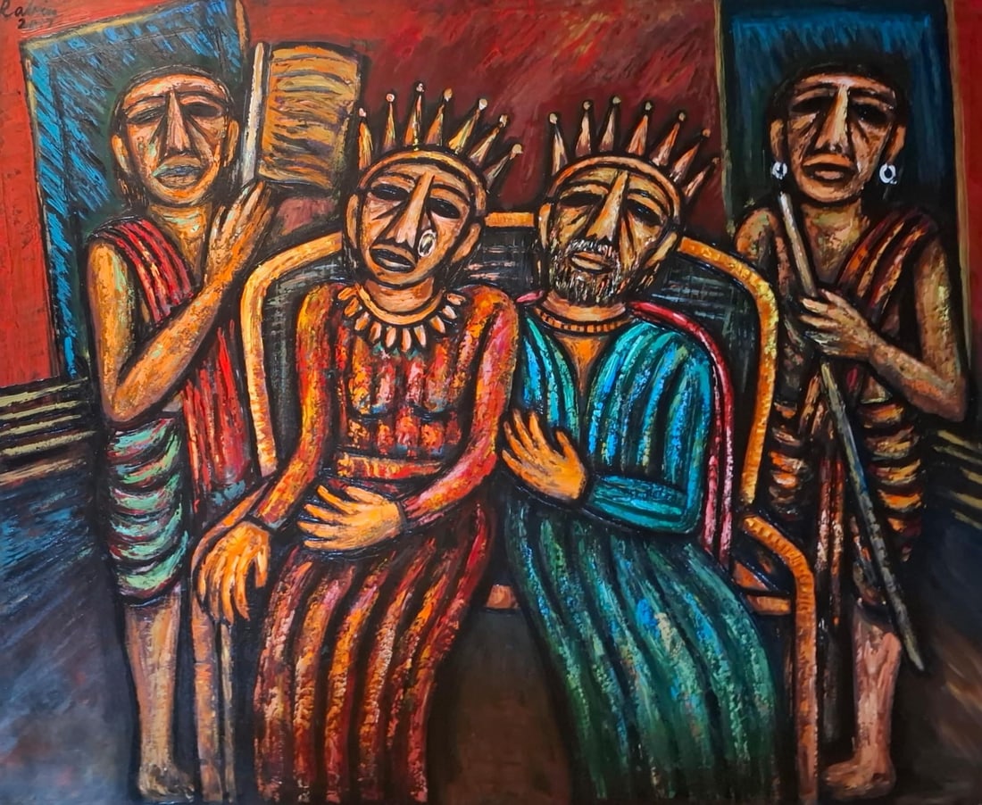 RABIN MONDAL (INDIAN,1929-2019) KING & QUEEN ACRYLIC ON CANVAS 59 × 48 IN 2017: RABIN MONDAL (INDIAN,1929-2019) KING & QUEEN ACRYLIC ON CANVAS 59 × 48 IN 2017A POWERFUL LATE WORK BY RABIN MONDAL, KING & QUEEN (2017) EXEMPLIFIES THE ARTIST’S UNMISTAKABLE EXPRESSIONIST