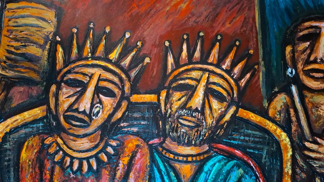 RABIN MONDAL (INDIAN,1929-2019) KING & QUEEN ACRYLIC ON CANVAS 59 × 48 IN 2017 - 2