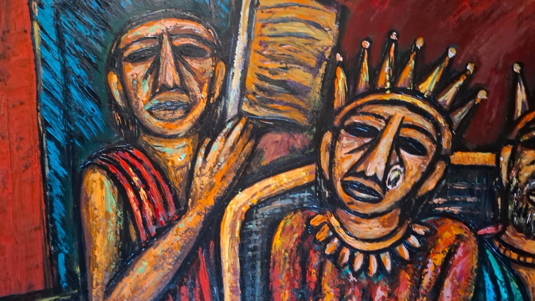 RABIN MONDAL (INDIAN,1929-2019) KING & QUEEN ACRYLIC ON CANVAS 59 × 48 IN 2017 - 3