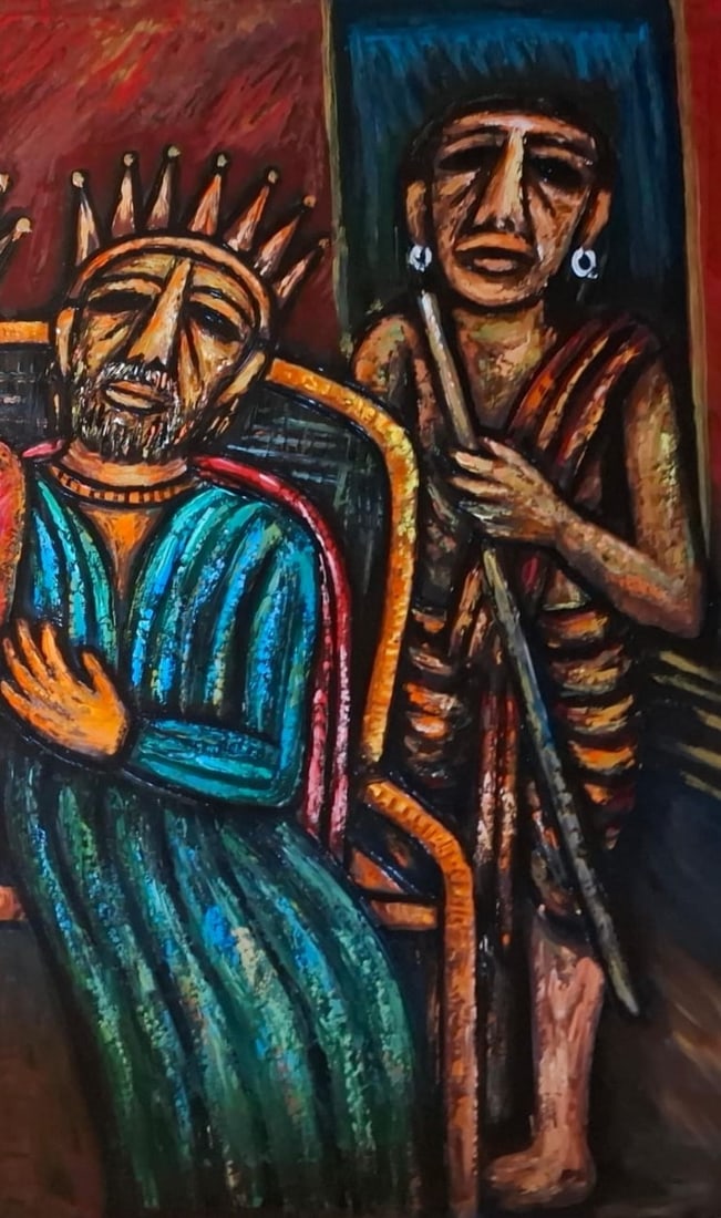 RABIN MONDAL (INDIAN,1929-2019) KING & QUEEN ACRYLIC ON CANVAS 59 × 48 IN 2017 - 5