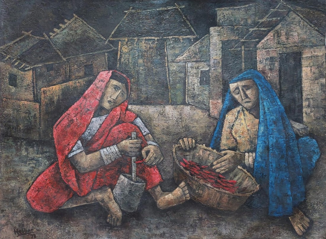 K.K. HEBBAR (1911–1996) UNTITLED 1978 OIL ON CANVAS 35 × 47 IN SIGNED LOWER LEFT: K.K. HEBBAR (1911–1996) UNTITLED 1978 OIL ON CANVAS 35 × 47 IN SIGNED LOWER LEFTA POWERFUL EXAMPLE OF K.K. HEBBAR’S MATURE FIGURATIVE VOCABULARY, THIS 1978 COMPOSITION REFLECTS THE ARTIST’S