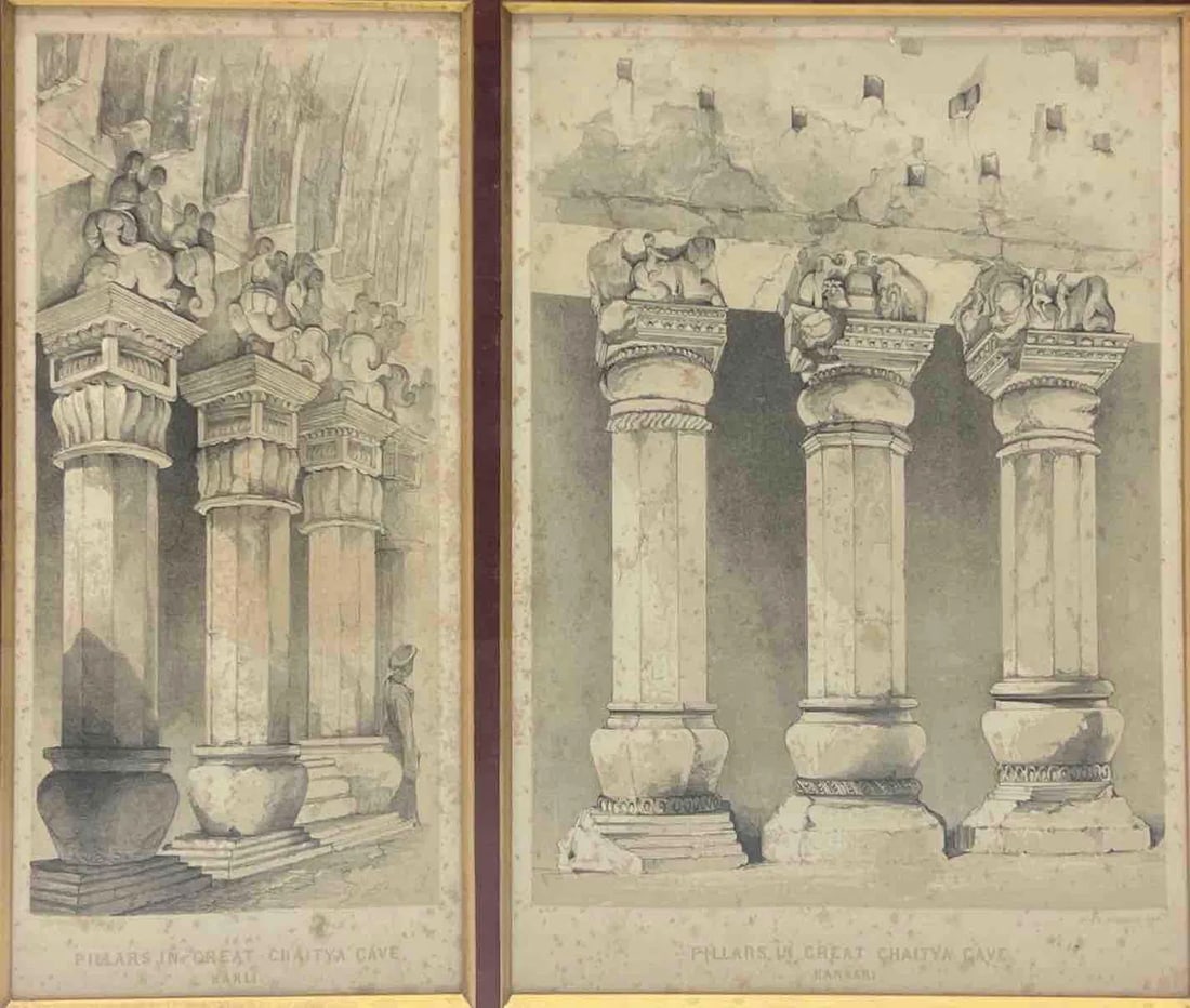 ARCHITECTURAL DRAWINGS OF PILLARS IN KARELI CHAITYA CAVE, KARLI: ARCHITECTURAL DRAWINGS OF PILLARS IN KARELI CHAITYA CAVE, KARLITHE IMAGE SHOWS TWO DETAILED ARCHITECTURAL DRAWINGS FEATURING THE INTRICATELY CARVED PILLARS FROM THE ANCIENT KARELI (KARLI) CHAITYA