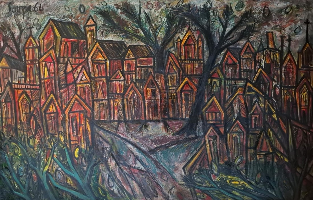F.N. SOUZA (1924–2002) UNTITLED (TOWNSCAPE) 1964 OIL ON CANVAS 35 X 53.5 IN SIGNED UPPER LEFT: F.N. SOUZA (1924–2002) UNTITLED (TOWNSCAPE) 1964 OIL ON CANVAS 35 X 53.5 IN SIGNED UPPER LEFT PAINTED IN 1964, THIS COMPELLING CITYSCAPE BY F.N. SOUZA BELONGS TO A SIGNIFICANT PHASE IN THE