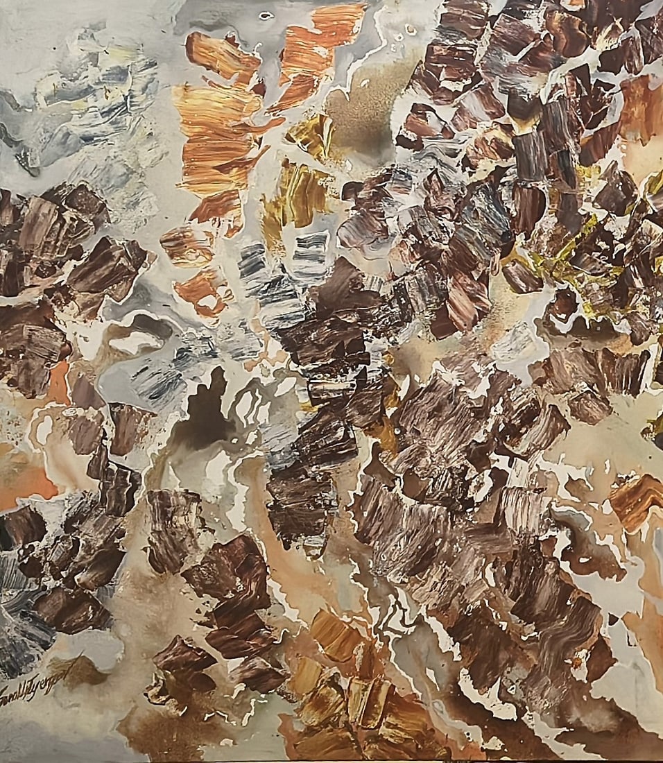 SONALI S IYENGAR WHISPERS OF THE EARTH ACRYLIC ON CANVAS 68 X 40 IN SIGNED LOWER LEFT & ON REVERSE: SONALI S IYENGAR WHISPERS OF THE EARTH ACRYLIC ON CANVAS 68 X 40 IN SIGNED LOWER LEFT & ON REVERSETHIS STRIKING ABSTRACT COMPOSITION BY SONALI S IYENGAR SHOWCASESHER COMMAND OVER LAYERED TEXTURE,