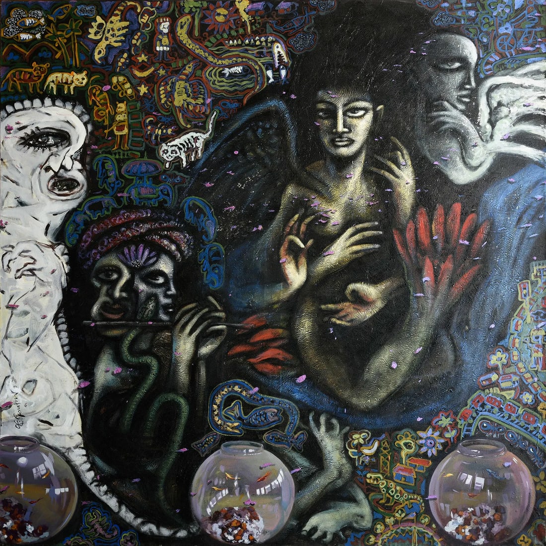 SANJEEV KISHOR GOUTAM "GODDESS OF NATURE II": SANJEEV KISHOR GOUTAM "GODDESS OF NATURE II" - A STUNNING REPRESENTATION OF THE DIVINE FEMININE, BLENDING MYTHOLOGY AND NATURAL ELEMENTS WITH A CONTEMPORARY AESTHETIC.6 X 6 FT ACQUIRED DIRECTLY FROM