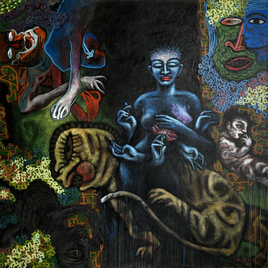 SANJEEV KISHOR GOUTAM "GODDESS OF NATURE I": SANJEEV KISHOR GOUTAM "GODDESS OF NATURE I" ACRYLIC ON CANVAS. THIS REMARKABLE PAINTING, GODDESS OF NATURE I, ECHOES THE ARTIST'S DEEP CONNECTION TO THE ELEMENTS OF NATURE AND SPIRITUALITY. GOUTAM