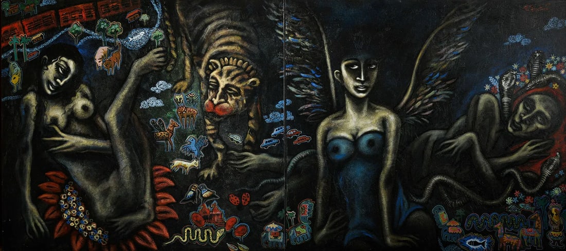 SANJEEV KISHOR GOUTAM "PANDEMIC PERIOD" ACRYLIC: SANJEEV KISHOR GOUTAM "PANDEMIC PERIOD" ACRYLIC. AN EPIC AND MONUMENTAL WORK, PANDEMIC PERIOD CAPTURES THE EMOTIONAL AND SOCIETAL TURMOIL OF A TRANSFORMATIVE ERA. GOUTAM USES HIS MASTERFUL BRUSHWORK