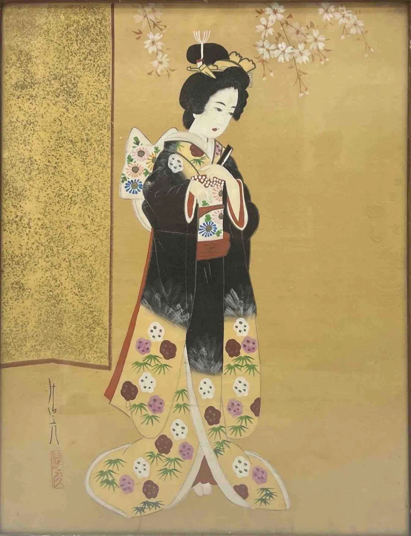 JAPANESE PAINTING OF A GEISHA IN TRADITIONAL KIMONO WITH CHERRY BLOSSOMS (1 of 1)