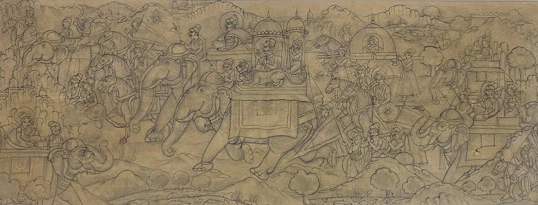 ROYAL PROCESSION SCENE – RAJPUT OR RAJASTHANI SCHOOL LINE DRAWING: ROYAL PROCESSION SCENE – RAJPUT OR RAJASTHANI SCHOOL LINE DRAWINGTHIS INTRICATELY EXECUTED LINE DRAWING DEPICTS A GRAND ROYAL PROCESSION FEATURING ELEPHANTS, HORSEMEN, AND COURTIERS ESCORTING A KING