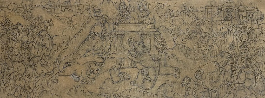 ROYAL HUNT OR BATTLE SCENE – RAJASTHANI SCHOOL LINE DRAWING: ROYAL HUNT OR BATTLE SCENE – RAJASTHANI SCHOOL LINE DRAWINGTHIS DETAILED LINE DRAWING ILLUSTRATES A DRAMATIC ROYAL HUNT OR BATTLE SCENE FROM THE RAJASTHANI OR MARWAR SCHOOL TRADITION. AT THE