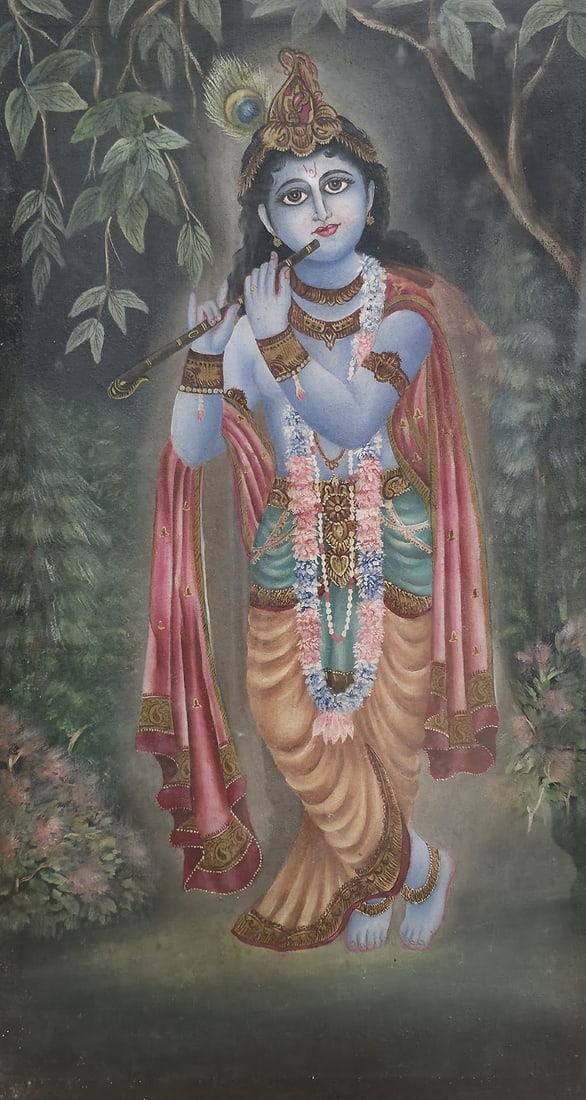 LORD KRISHNA WITH FLUTE l OIL ON CANVAS l UNSIGNED: KRISHNA WITH FLUTE l OIL ON CANVAS l UNSIGNED l 16 X 29 IN. A GRACEFUL AND DEVOTIONAL PORTRAYAL OF LORD KRISHNA IN HIS ICONIC TRIBHANGA STANCE, THIS OIL PAINTING CAPTURES THE DIVINE MUSICIAN