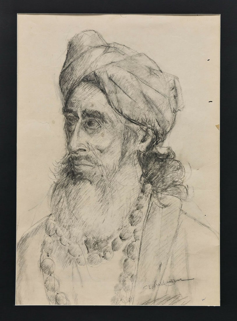 SAWLARAM LAKSHMAN HALDANKAR (1882–1968) CHARCOAL / GRAPHITE ON PAPER PORTRAIT OF A TURBANED: SAWLARAM LAKSHMAN HALDANKAR (1882–1968) CHARCOAL / GRAPHITE ON PAPER PORTRAIT OF A TURBANED ASCETIC THIS EXPRESSIVE PORTRAIT BY SAWLARAM LAKSHMAN HALDANKAR DEPICTS A BEARDED ASCETIC IN PROFILE,