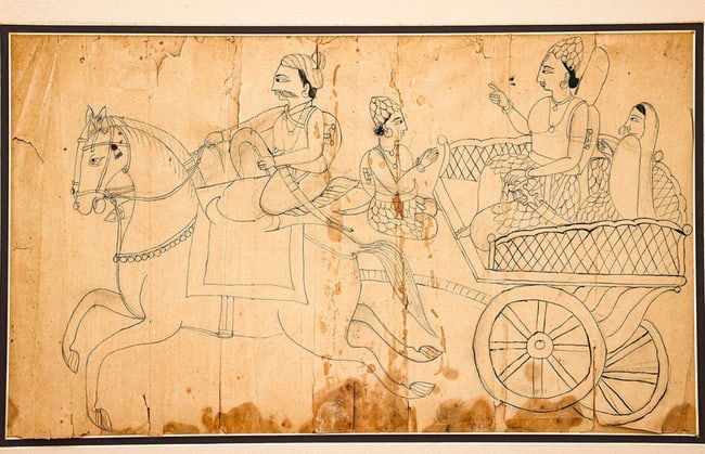 18TH/19TH CENTURY INDIAN AYODHYA SCHOOL MINIATURE SKETCH DEPICTING RAM AND SITA SEATED ON A CHARIOT: 18TH/19TH CENTURY INDIAN AYODHYA SCHOOL MINIATURE SKETCH DEPICTING RAM AND SITA SEATED ON A CHARIOT8.6 x 14.75 INCHES