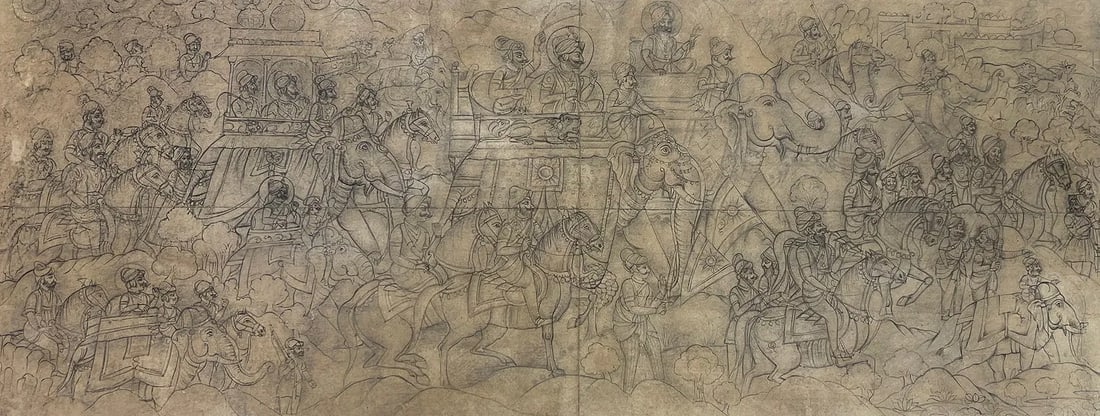 ROYAL CAVALCADE WITH ELEPHANTS AND HORSEMEN – RAJASTHANI SCHOOL LINE DRAWING: ROYAL CAVALCADE WITH ELEPHANTS AND HORSEMEN – RAJASTHANI SCHOOL LINE DRAWINGTHIS MAGNIFICENT LINE DRAWING DEPICTS A GRAND ROYAL CAVALCADE, SHOWING A KING SEATED IN A PALANQUIN OR HOWDAH UPON A