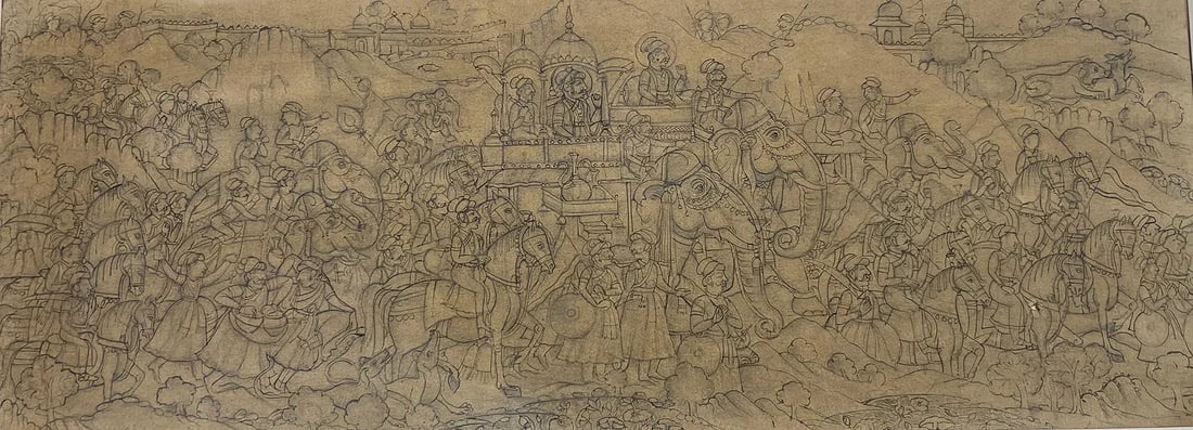 ROYAL PROCESSION – AN IMPERIAL PARADE OF THE MUGHAL ERA: ROYAL PROCESSION – AN IMPERIAL PARADE OF THE MUGHAL ERATHE IMAGE DEPICTS A GRAND ROYAL PROCESSION FEATURING A KING SEATED IN A MAGNIFICENT HOWDAH ON A DECORATED ELEPHANT, SURROUNDED BY COURTIERS,