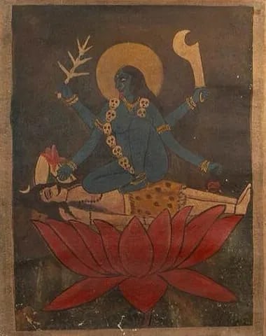 EARLY 20TH CENTURY KALIGHAT PAINTING OF GODDESS KALI: EARLY 20TH CENTURY KALIGHAT PAINTING OF GODDESS KALI 22 X 15 INCHES