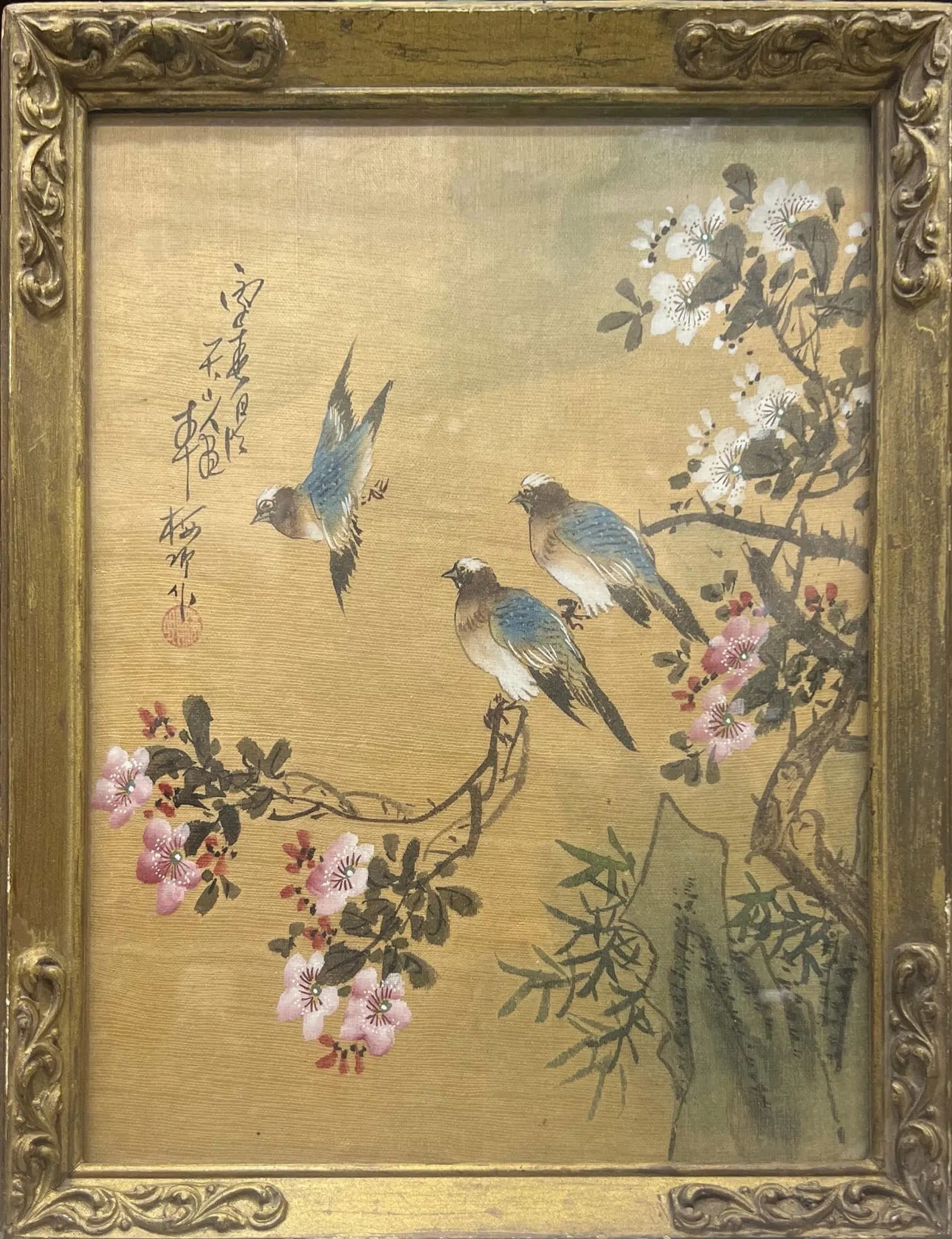 BIRDS AMONG BLOSSOMS ON A SPRING BRANCH: BIRDS AMONG BLOSSOMS ON A SPRING BRANCHTHIS ELEGANT PAINTING FEATURES THREE SMALL BIRDS PERCHED AND IN FLIGHT AMONG DELICATE BLOSSOMING BRANCHES. THE ARTWORK IS EXECUTED IN A CLASSICAL EAST ASIAN