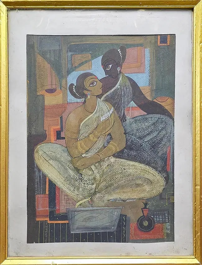 RARE MID-20TH CENTURY INDIAN MODERNIST PAINTING – FEMININE DOMESTIC PORTRAIT – FRAMED: RARE MID-20TH CENTURY INDIAN MODERNIST PAINTING – FEMININE DOMESTIC PORTRAIT – FRAMED A STUNNING EXAMPLE OF INDIAN MODERNIST FIGURATIVE ART, THIS ORIGINAL HAND-PAINTED WORK DEPICTS TWO WOMEN IN