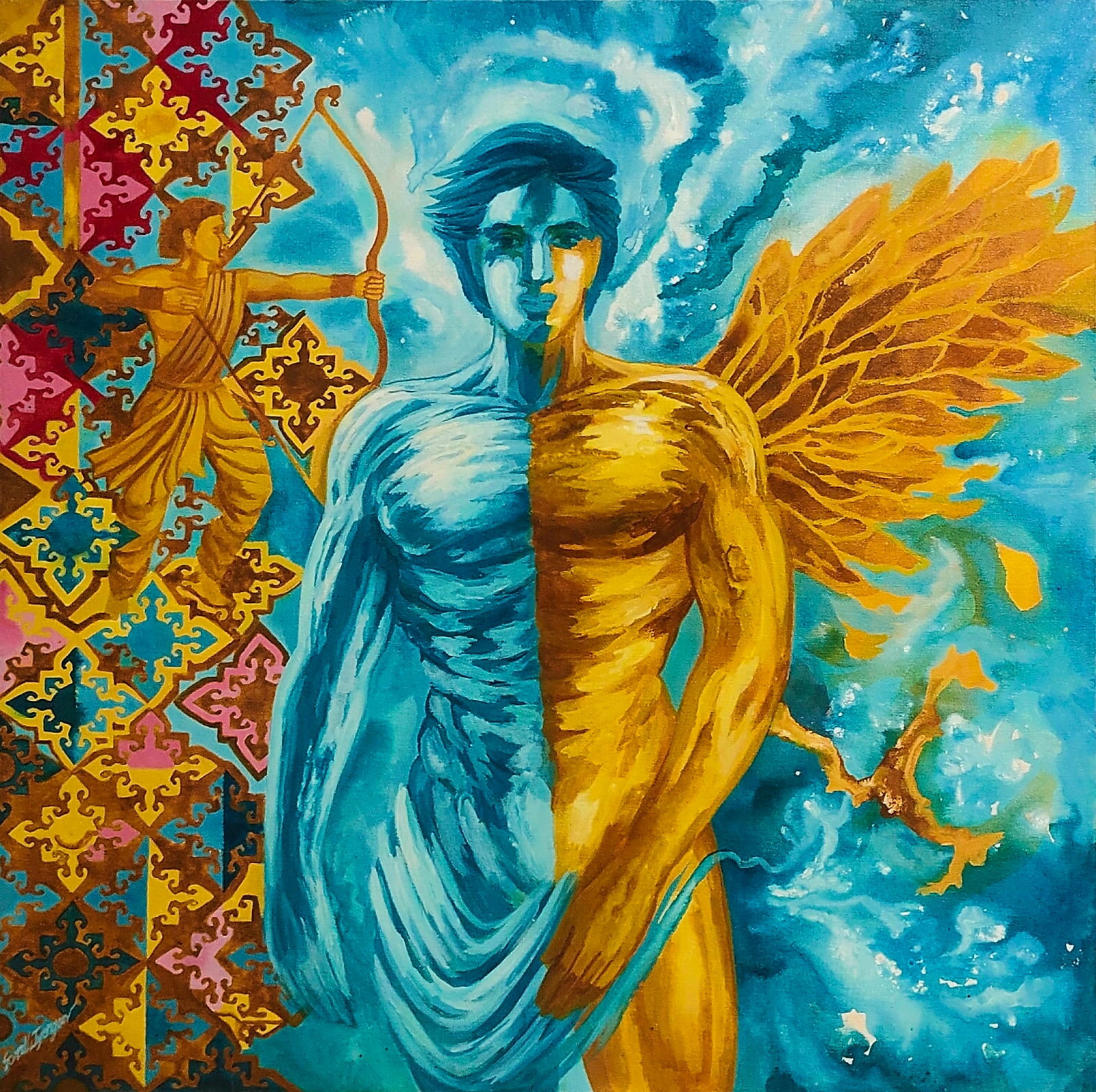 SONALI S. IYENGAR l ACRYLIC ON CANVAS l THE ARCHER AND THE ANGEL l SIGNED LOWER LEFT: IYENGAR l ACRYLIC ON CANVAS l THE ARCHER AND THE ANGEL l SIGNED LOWER LEFTSIZE: 36 X 30 INCHES IN THE ARCHER AND THE ANGEL, SONALI S. IYENGAR PRESENTS A LUMINOUS MEDITATION ON THE ETERNAL DUALITIES