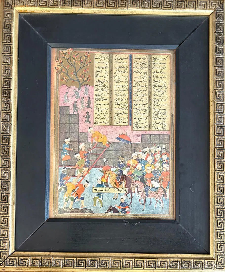 PERSIAN MINIATURE PAINTING – ROYAL COURT AND PROCESSION SCENE: PERSIAN MINIATURE PAINTING – ROYAL COURT AND PROCESSION SCENETHIS HISTORIC PERSIAN MINIATURE FEATURES AN ELABORATE SCENE COMBINING COURTLY LIFE AND CEREMONIAL ACTIVITIES. THE TOP HALF OF THE