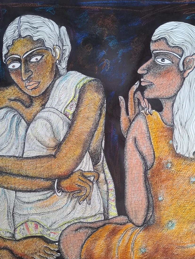 JOGEN CHOWDHURY (B. 1939) INK & PASTEL ON PAPER UNTITLED 22 X 30 IN SIGNED AND DATED 2006 - 2