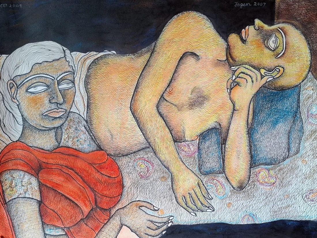 JOGEN CHOWDHURY (B. 1939) INK & PASTEL ON PAPER UNTITLED 22 × 30 IN SIGNED AND DATED 2007 (1 of 5)