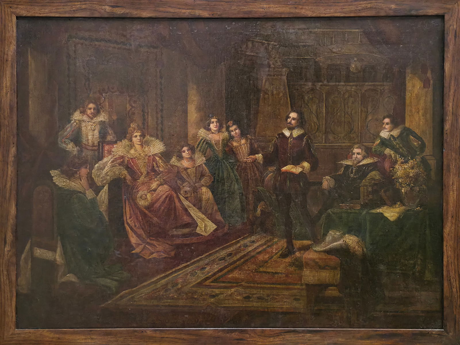 19TH CENTURY EUROPEAN SCHOOL A COURTLY AUDIENCE WITH THE QUEEN OIL ON CANVAS: CENTURY EUROPEAN SCHOOL A COURTLY AUDIENCE WITH THE QUEEN OIL ON CANVAS 39 X 28.5 IN. (WITHOUT FRAME) 42.5 X 32 IN. (FRAMED) THIS EVOCATIVE OIL PAINTING CAPTURES A RICHLY DETAILED ROYAL COURT