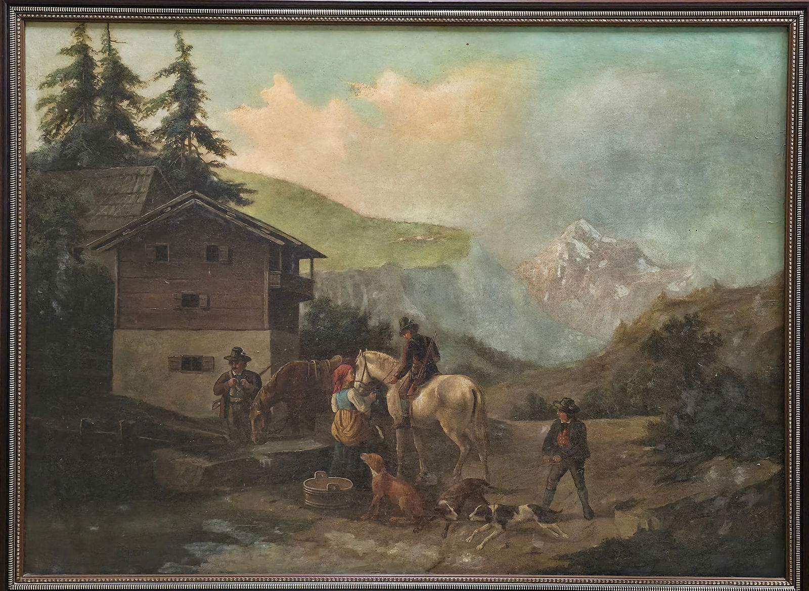 MOUNTAIN REST TODAY l OIL ON CANVAS l LATE 19TH / EARLY 20TH CENTURY: MOUNTAIN REST TODAY l OIL ON CANVAS l LATE 19TH / EARLY 20TH CENTURY38.5 X 28 IN. (WITHOUT FRAME) 46 X 36 IN. (FRAMED) THIS EVOCATIVE OIL PAINTING INVITES THE VIEWER INTO A TRANQUIL ALPINE TABLEAU.
