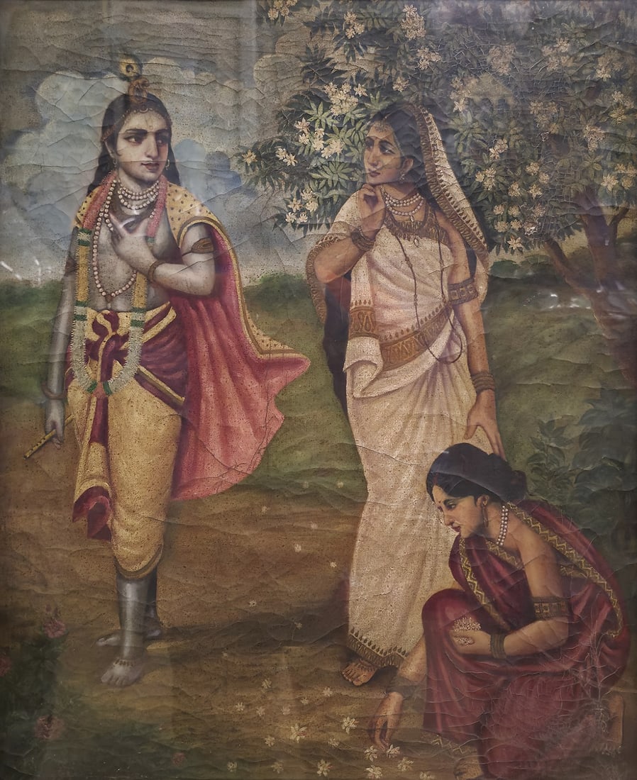 KRISHNA WITH GOPIS IN A GARDEN l OIL ON CANVAS l BENGAL, EARLY 20TH CENTURY: KRISHNA WITH GOPIS IN A GARDEN l OIL ON CANVAS l BENGAL, EARLY 20TH CENTURY l 29 X 22 IN. EXECUTED WITH EXCEPTIONAL FINESSE AND EMOTIONAL SENSITIVITY, KRISHNA WITH GOPIS IN A GARDEN EXEMPLIFIES THE