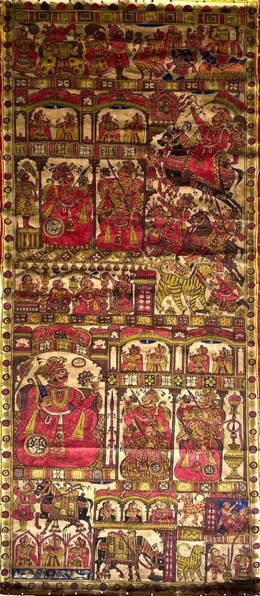 PHAD PAINTING - WALL ART– THE EPIC NARRATIVE OF PABUJI: PHAD PAINTING – WALL ART -30.5 THE EPIC NARRATIVE OF PABUJI. 30.5 SIZE: × 71.5 IN DESCRIPTION: THIS MAGNIFICENT SCROLL IS A TRADITIONAL PHAD PAINTING FROM RAJASTHAN, DEPICTING THE HEROIC LEGENDS