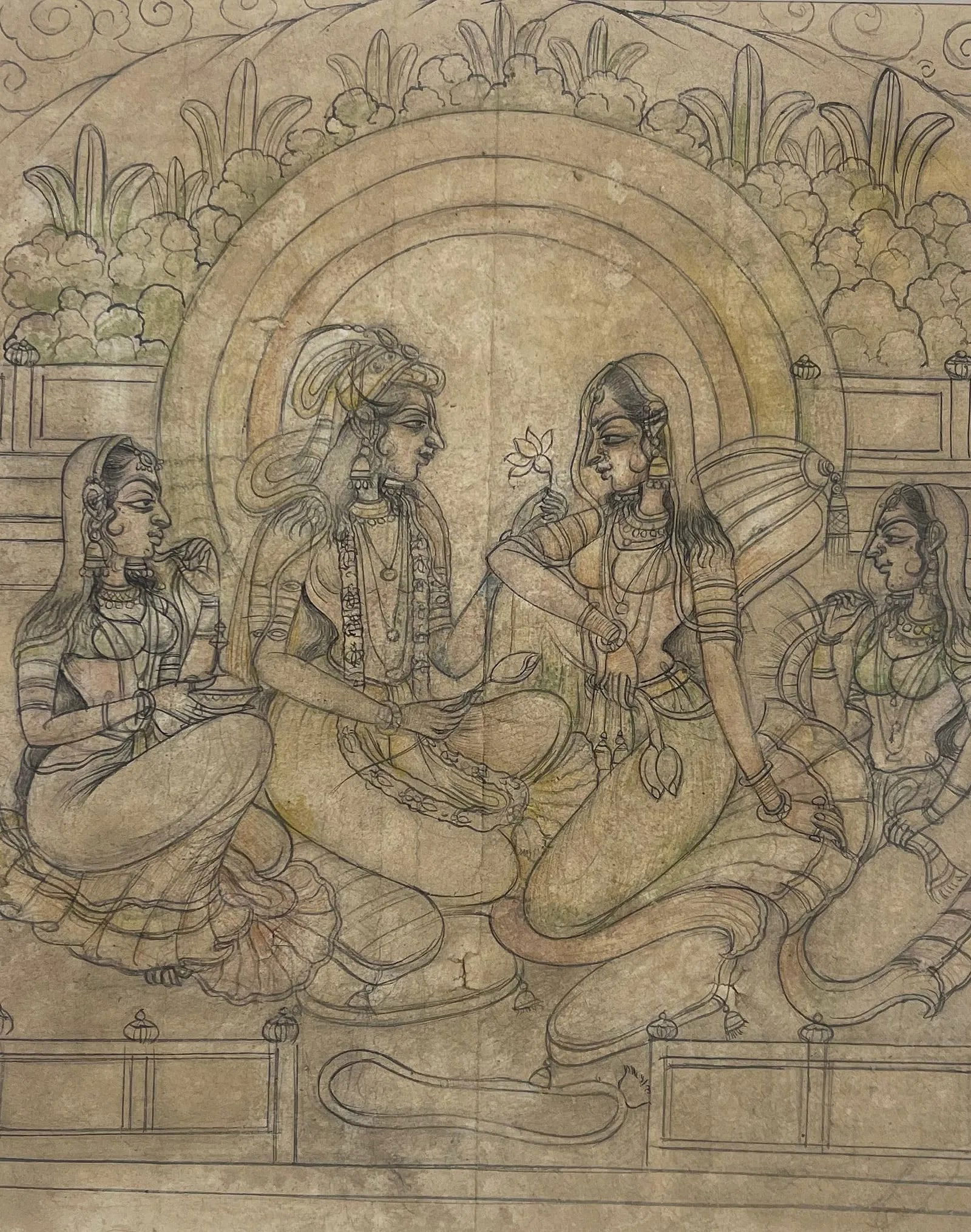 DIVINE UNION – LORD KRISHNA AND RADHA IN CELESTIAL BLISS: DIVINE UNION – LORD KRISHNA AND RADHA IN CELESTIAL BLISSTHE IMAGE PORTRAYS A SERENE AND DIVINE SCENE OF LORD KRISHNA AND RADHA SEATED TOGETHER IN AN INTIMATE MOMENT OF SPIRITUAL LOVE. KRISHNA,