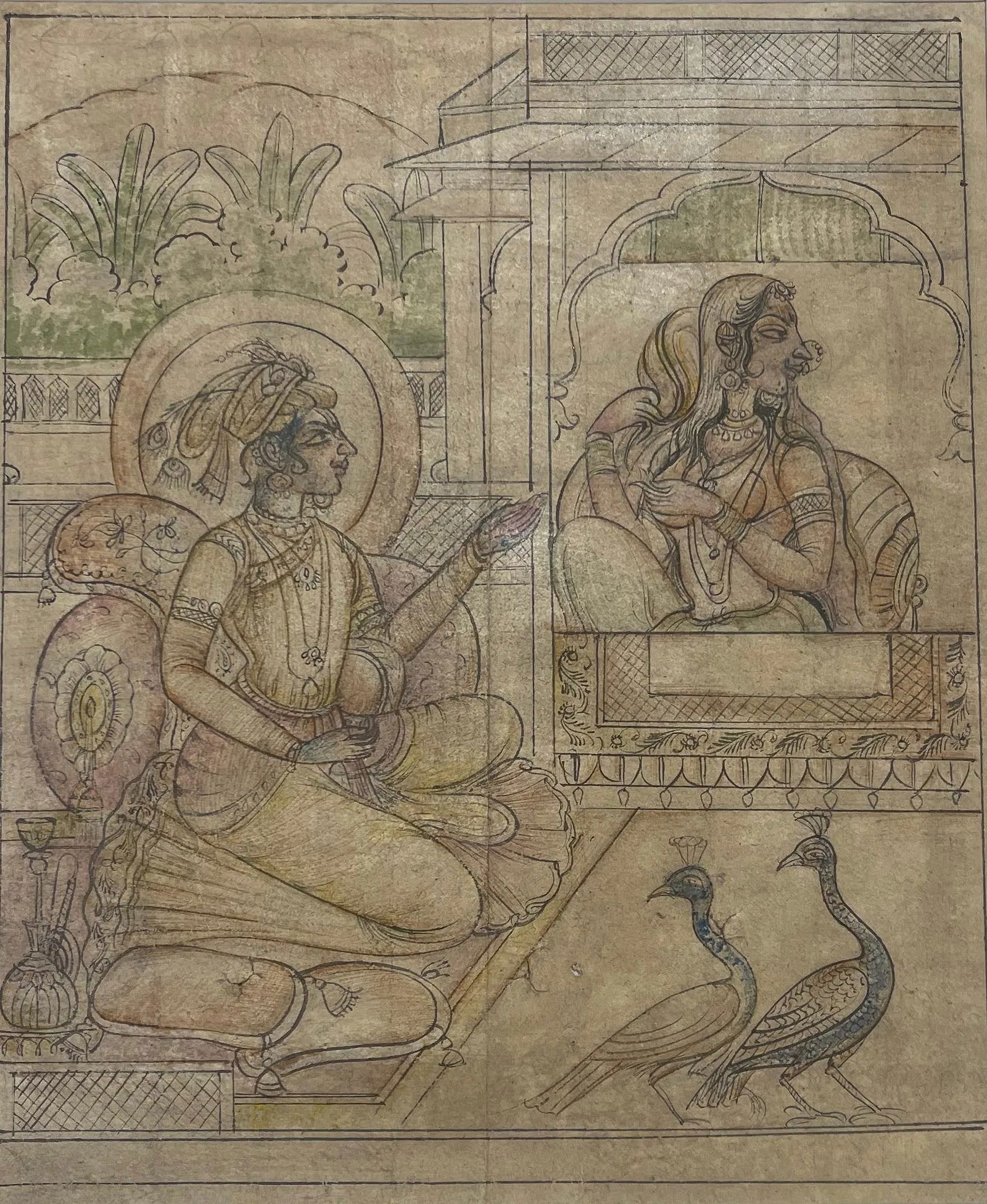 DIVINE CONVERSATION – KRISHNA AND RADHA IN PALACE SETTING: DIVINE CONVERSATION – KRISHNA AND RADHA IN PALACE SETTINGTHE IMAGE DEPICTS A GRACEFUL SCENE OF LORD KRISHNA AND RADHA ENGAGED IN A GENTLE EXCHANGE OF LOVE AND DEVOTION. KRISHNA, ADORNED WITH A