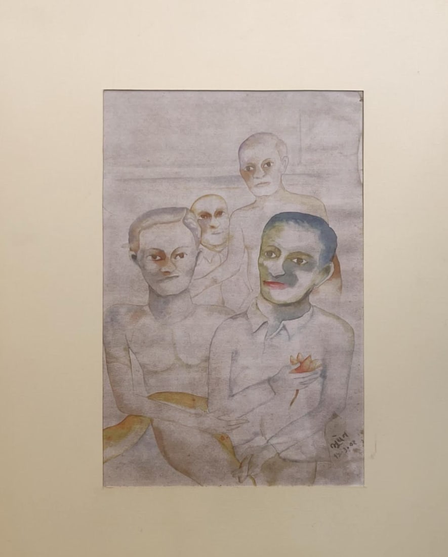 BHUPEN KHAKHAR (1934-2003) l WATERCOLOUR ON PAPER l MEN IN A ROOM l SIGNATURE IN THE LOWER RIGH: BHUPEN KHAKHAR (1934-2003) l WATERCOLOUR ON PAPER l MEN IN A ROOM l SIGNATURE IN THE LOWER RIGHTHIS PAINTING BY BHUPEN KHAKHAR (1934–2003) DEPICTS A GROUP OF MEN IN A MUTED, INTIMATE SETTING. THE