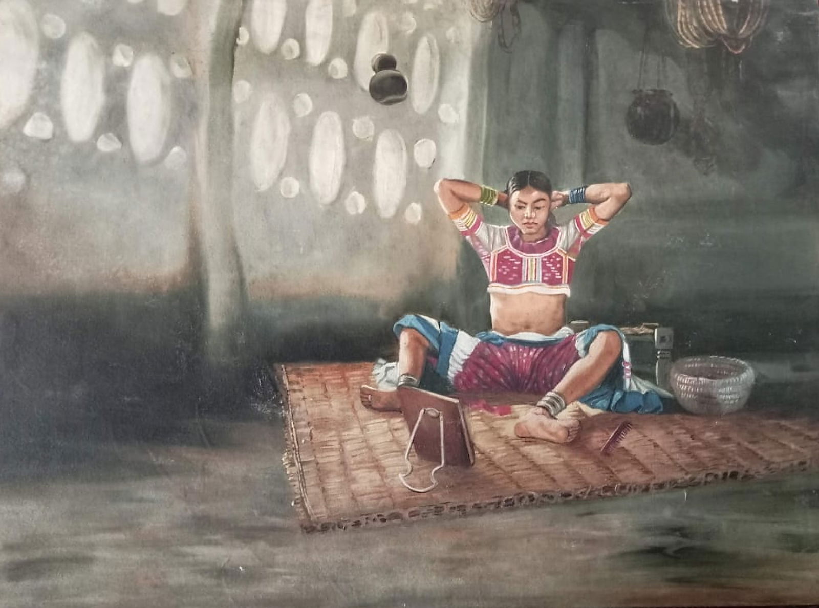 NIRMAL CHANDRA GHOSH (NC GHOSH) l OIL ON CANVAS l SHRINGAAR l 1964: NIRMAL CHANDRA GHOSH (NC GHOSH) l OIL ON CANVAS l SHRINGAAR l 1964SIZE 45 X 60 CMS IN THIS INTIMATE AND FINELY EXECUTED OIL PAINTING, NIRMAL CHANDRA GHOSH CAPTURES A MOMENT OF EVERYDAY GRACE WITHIN
