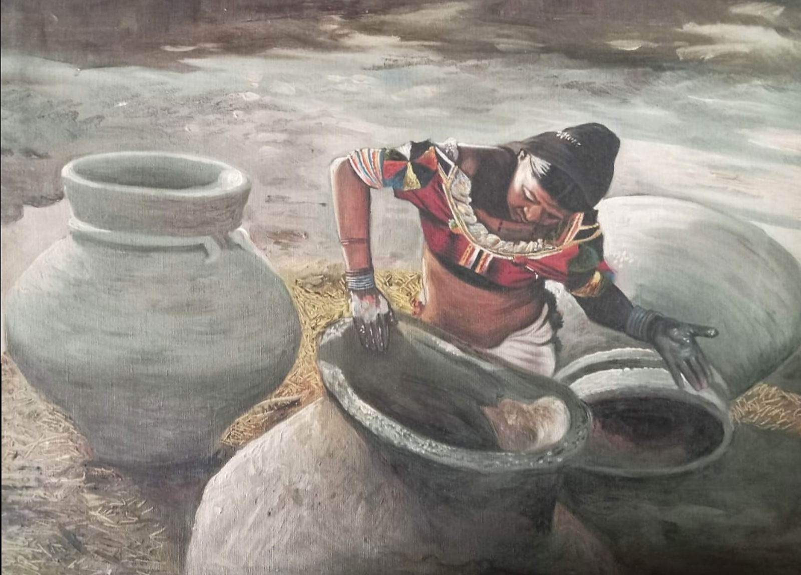 NIRMAL CHANDRA GHOSH l OIL ON CANVA l WOMAN WITH EARTHEN POTS l CIRCA 1970S–1980S: NIRMAL CHANDRA GHOSH l OIL ON CANVA l WOMAN WITH EARTHEN POTS l CIRCA 1970S–1980 SIZE 45 X 60 CMS A POIGNANT AND FINELY OBSERVED WORK BY NIRMAL CHANDRA GHOSH, THIS COMPOSITION CAPTURES A MOMENT