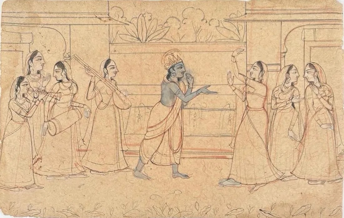 INDIAN SLIGHTLY PAINTED KANGRA SCHOOL PAHARI SKETCH: INDIAN SLIGHTLY PAINTED KANGRA SCHOOL PAHARI SKETCH18th CENTURY INDIAN SLIGHTLY PAINTED KANGRA SCHOOL PAHARI SKETCH. A RARE 19TH-CENTURY SKETCH FROM THE KANGRA SCHOOL OF PAHARI PAINTING, KNOWN FOR
