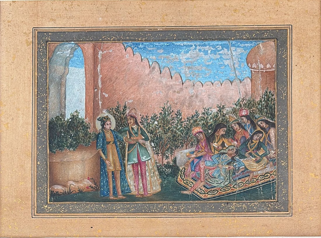 INDIAN MINIATURE PAINTING "LUCKNOW MUGHAL" POSSIBLY TALE OF SHIRIN: INDIAN MINIATURE PAINTING "LUCKNOW MUGHAL" POSSIBLY TALE OF SHIRIN (19TH CENTURY). AN EXQUISITE 19TH-CENTURY MUGHAL-STYLE MINIATURE PAINTING FROM LUCKNOW, RICHLY ADORNED WITH A TYPICAL GOLD-LEAF BORDE